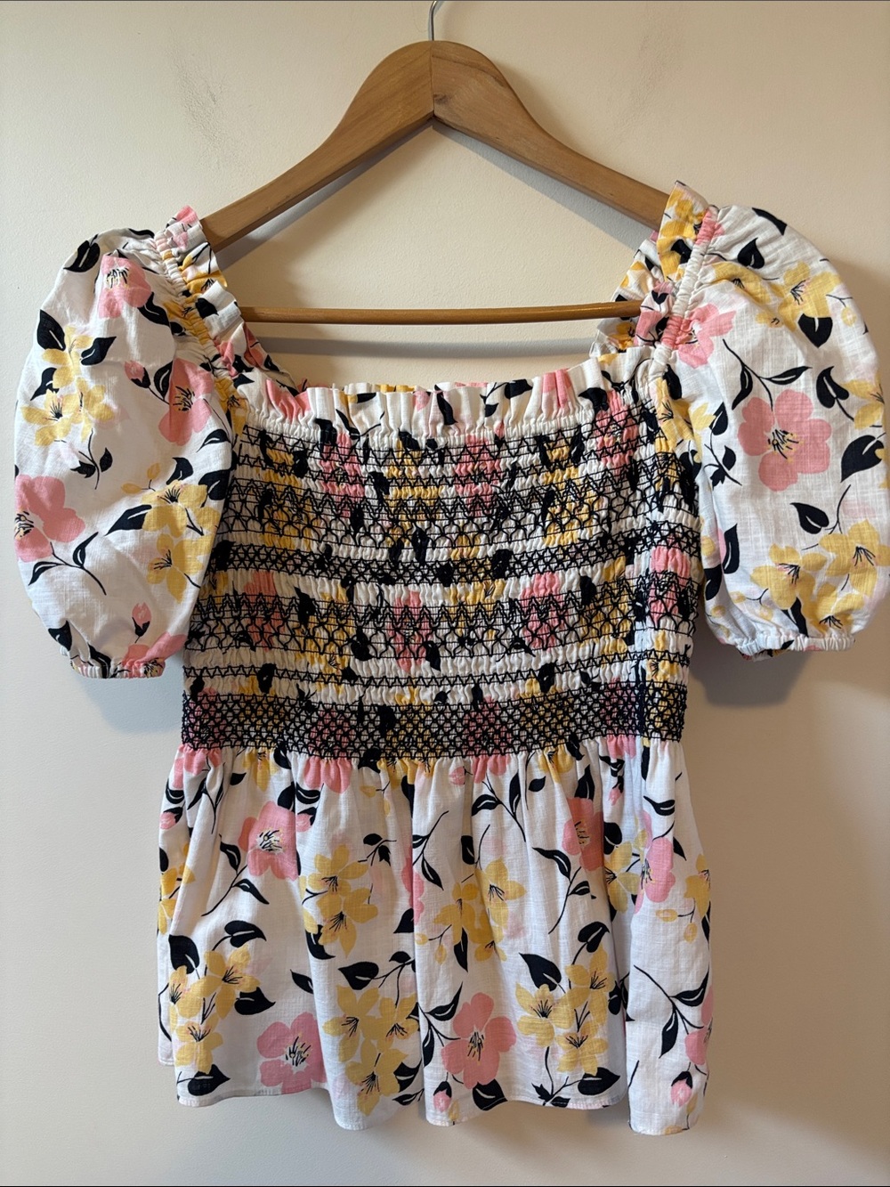kate spade Smocked Puff-Sleeve Cotton Floral Top — White, Pink & Yellow